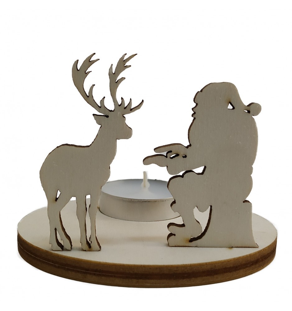 Candle Holder Santa and reindeer warming themselves by fire - front Candle Holder Santa and reindeer warming themselves by fire - front