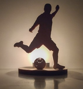 Unique Wooden Candle Holder / Stand football Player Shooting on goal - with lighted candle