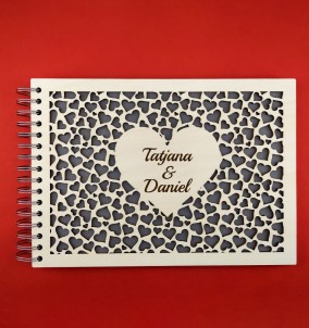 Personalized Photo Album With Custom Wooden Covers - Hearts Design