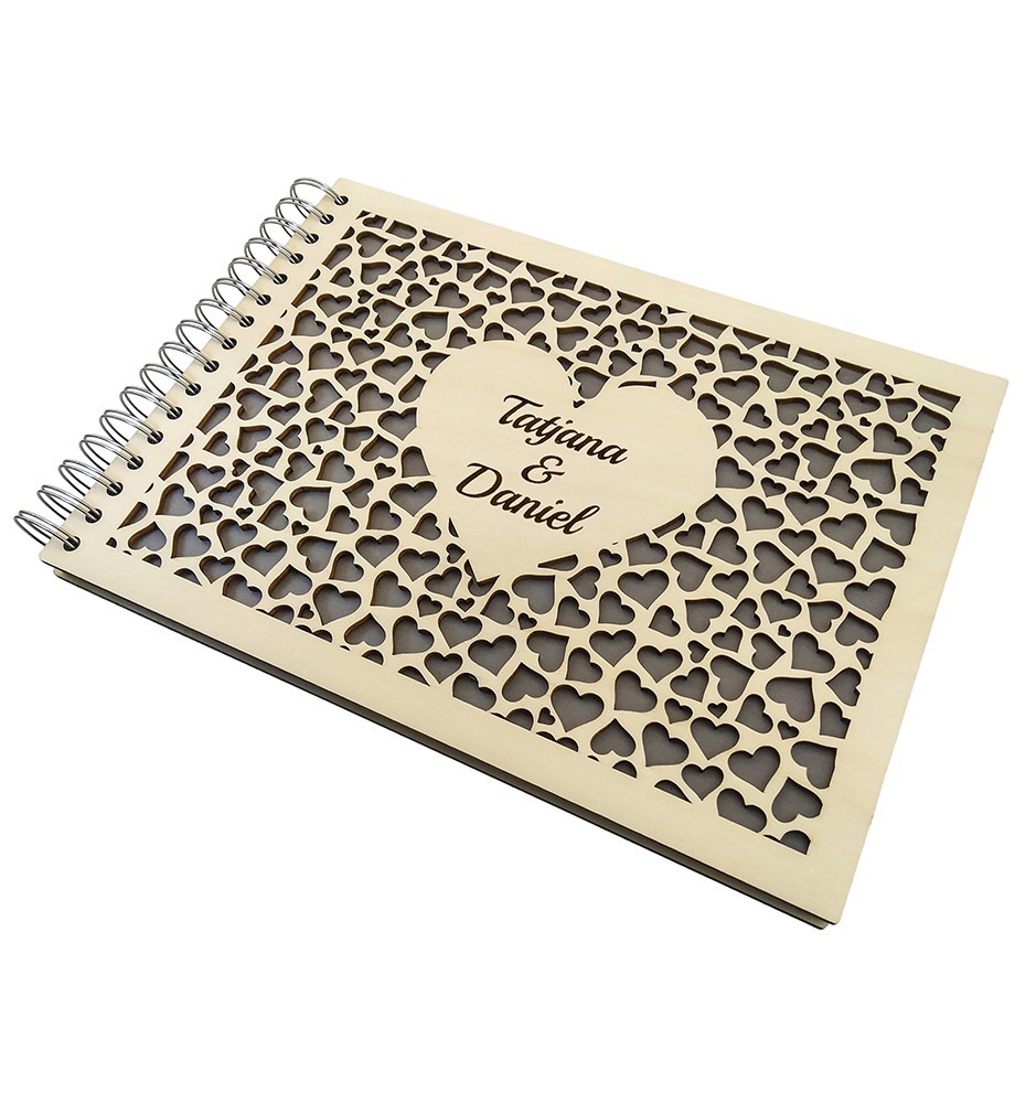 Personalized Photo Album With Custom Wooden Covers - Hearts Design
