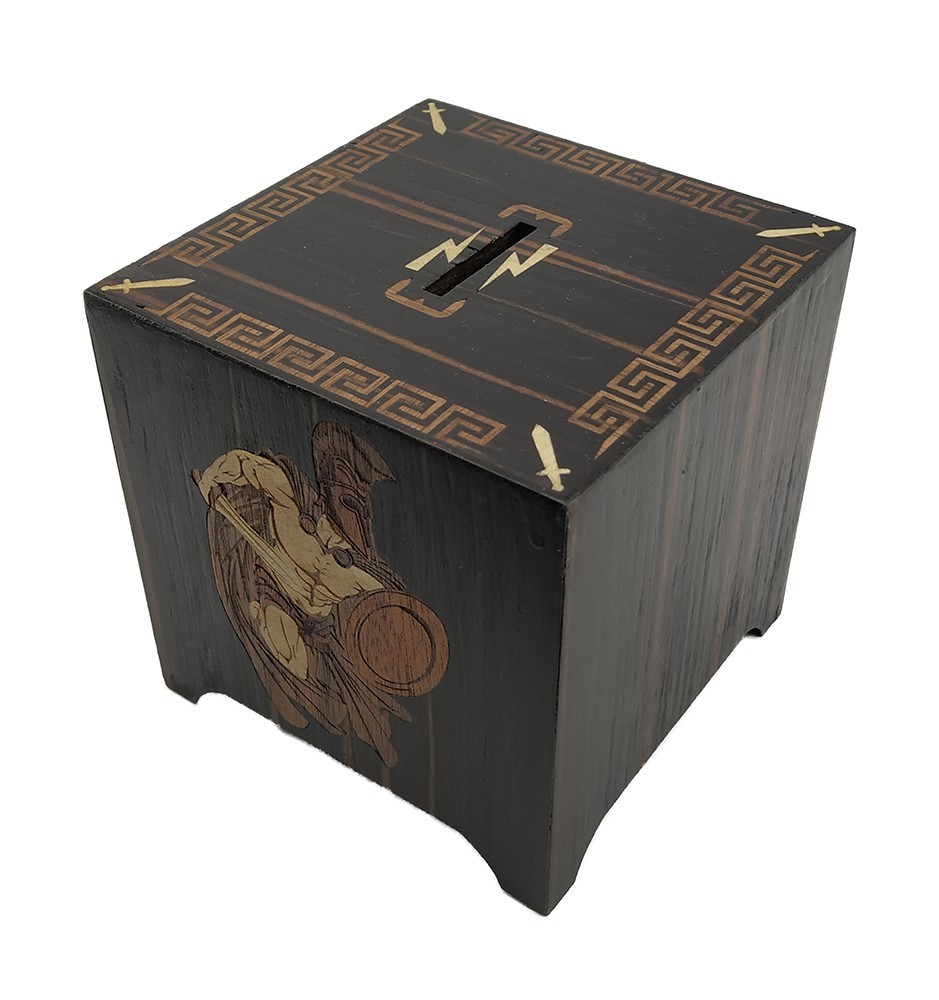 Money Box Greek Warrior Achilles made from veneer marquetry - side view Money Box Greek Warrior Achilles made from veneer marquetry - side view