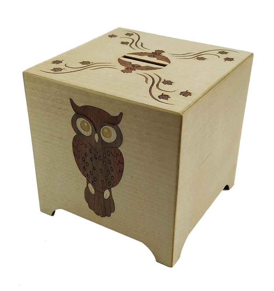 Wooden Money Box with Cute Owl design made from veneer marquetry - side view