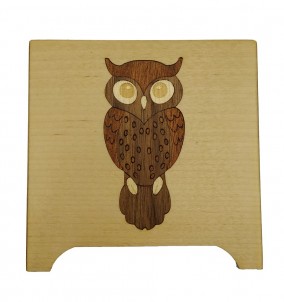 Wooden Money Box with Cute Owl design made from veneer marquetry - front view