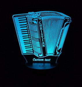 Personalized 3D LED lamp in the shape of a piano-accordion glowing in a blue color.
