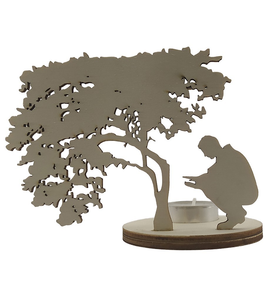 Wooden candle holder with a design of a man at campfire - front view Wooden candle holder with a design of a man at campfire - front view