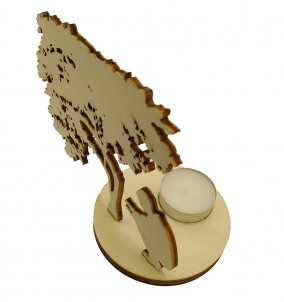 Wooden candle holder with a design of a man at campfire - side view