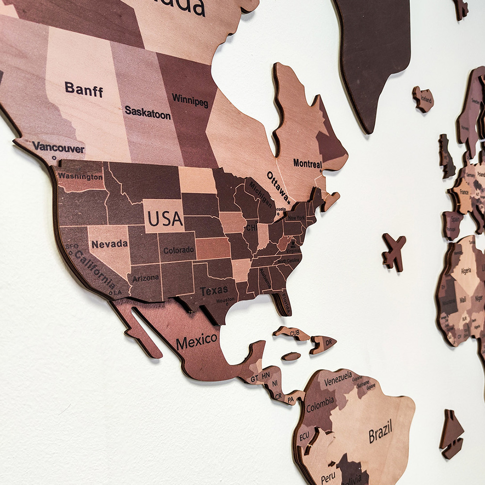 Wooden world map wall decoration with printed country names