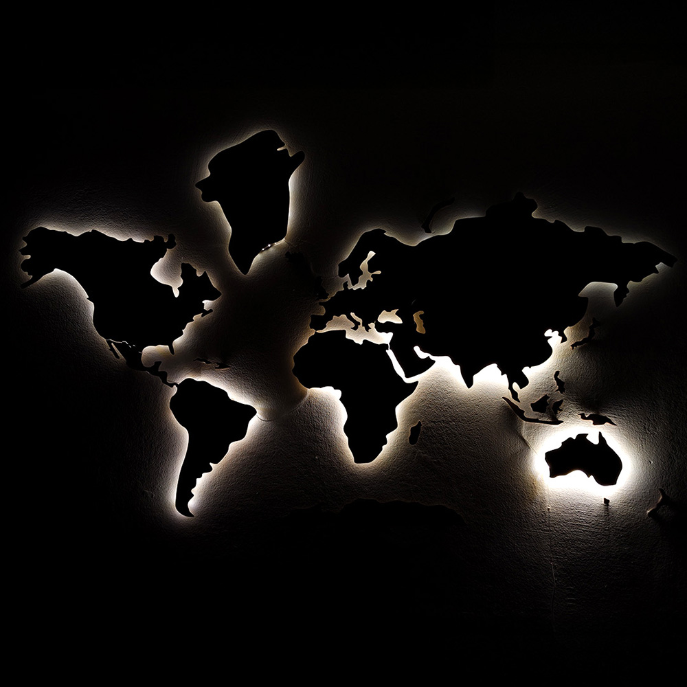 Carte du monde murale avec rétroéclairage LED en bois